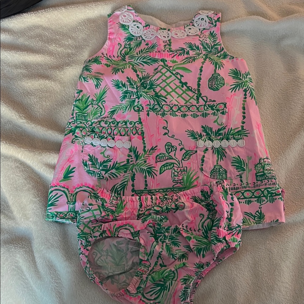 Lilly Pulitzer Pink and Green Tropical Baby Dress Set